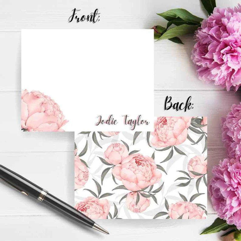 A2 Pretty Pink Peony with Envelope | Flat Note Card Set of 10 with Envelopes | Personalized Stationery | Wedding Note Cards